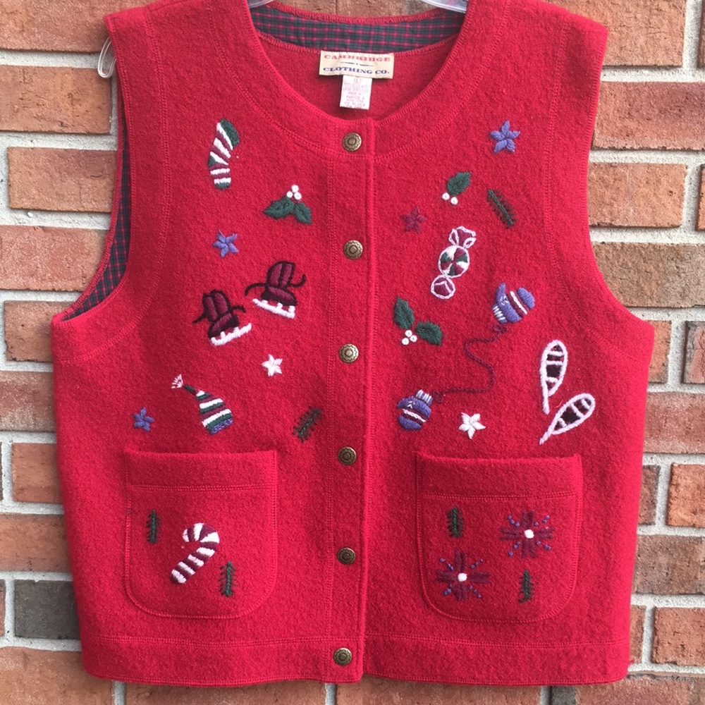 Vintage Cambridge Clothing Boiled Wool Red Embroidered Holiday Sweater Vest L